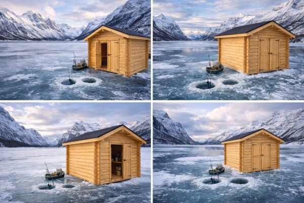 Žiemos vizualizacija: keli mediniai nameliai ant ledo, žvejybos įranga ir žuvys.