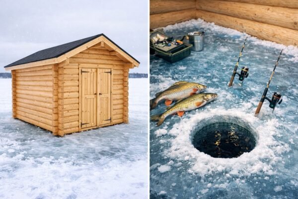 Sodo nameliai ir žiemos žūklės scena ant ledo, žuvys ir meškerės viduje.