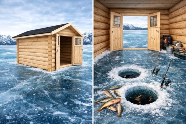 Medinis sandėliukas ant užšalusio tvenkinio, viena pusė su grindimis, kita ant ledo su žūklės skylėmis.