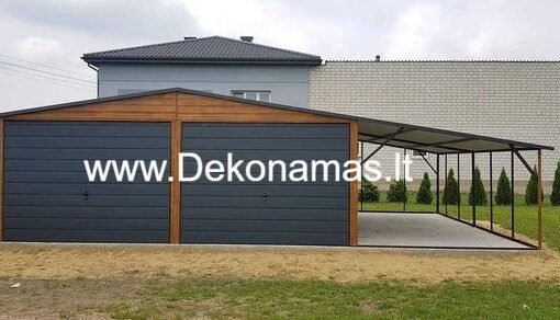 Pristatome dvigubą, dvišlaitį skardinį garažą, medžio imitacijos auksinio ąžuolo 3D spalva.6,0x6,0m