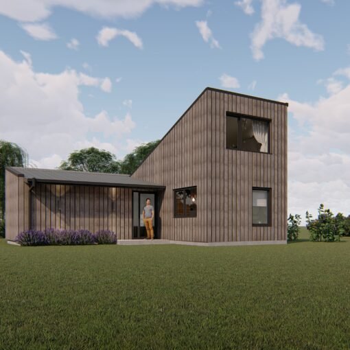 Nabu projektas 45 – SIP skydinis namas, pritaikytas minimalaus gyvenimo būdui, naudojamas kaip poilsio namelis, su pirtimi, papildomu miegamuoju arba darbo kambariu. Aukštos kokybės SIP plokštės užtikrina šilumos izoliaciją, energinį efektyvumą ir sandarumą.