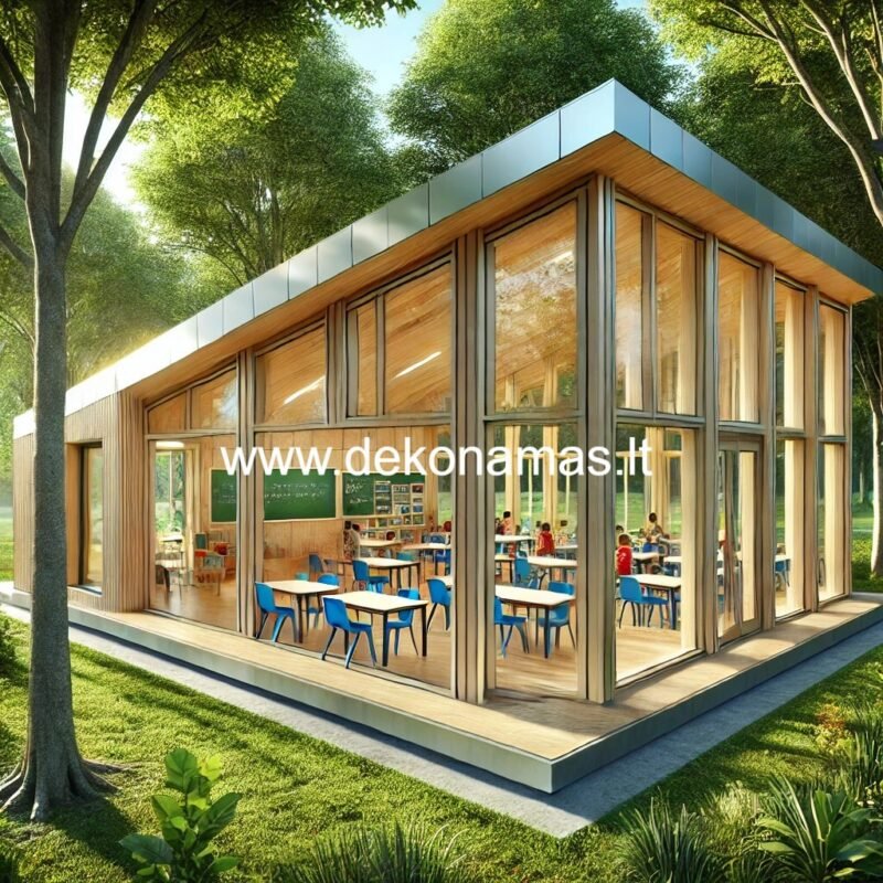 Lauko klasė darželiui, sukurta iš SIP plokščių, puikiai integruojasi į natūralią aplinką. Klasėje yra spalvoti stalai ir suolai, sukurti mokymosi ir žaidimo erdves vaikams. Aplink klasę yra žalia veja, medžiai ir gėlynai, o saulė šviečia, sukurdama šiltą ir draugišką atmosferą. Klasėje yra dideli langai, leidžiantys natūraliai šviesai patekti ir užtikrinantys gerą oro cirkuliaciją. Tai ideali vieta vaikams mokytis, žaisti ir tyrinėti gamtą.