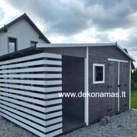 Medinis sodo įrankių namelis su malkine 3x2 m + 1,5x2 m, impregnuota mediena, galima pasirinkti spalvą.