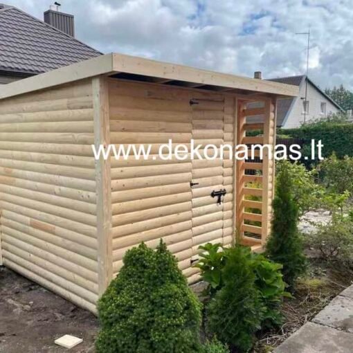 Karkasinis sandėliukas su malkine 2x3 m su dvigubo pjovimo lentomis grindims, puspuntėmis dailylentėmis ir stogu su USB bei bitumine danga.