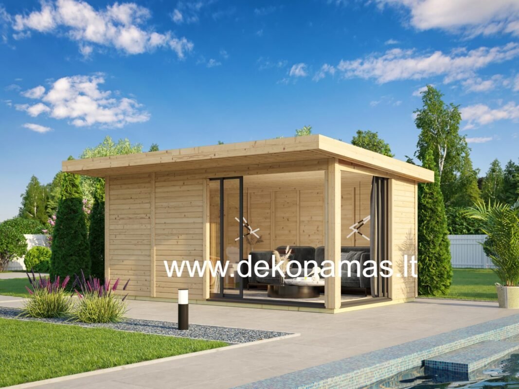 Medinis sodo namelis „Modern Plus“ su vitrininiais langais, erdvus ir šviesus pasirinkimas poilsiui ir darbui sode