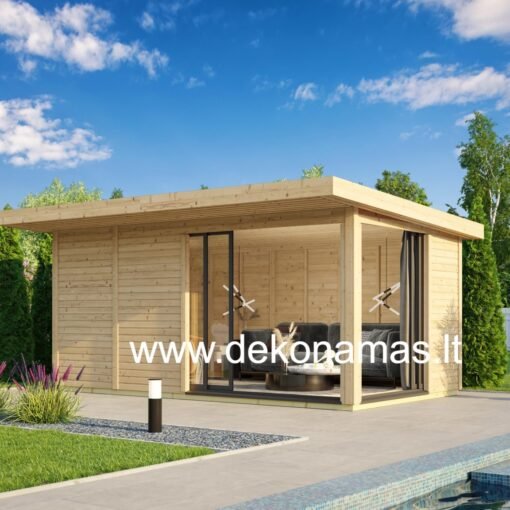 Medinis sodo namelis „Modern Plus“ su vitrininiais langais, erdvus ir šviesus pasirinkimas poilsiui ir darbui sode