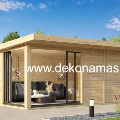 Medinis sodo namelis „Modern Plus“ su vitrininiais langais kitoje pusėje – puikus pasirinkimas tiems, kurie nori modernios, šviesios ir funkcionalios erdvės sode. Tinka poilsiui, sodininkystei ir kitoms veikloms.