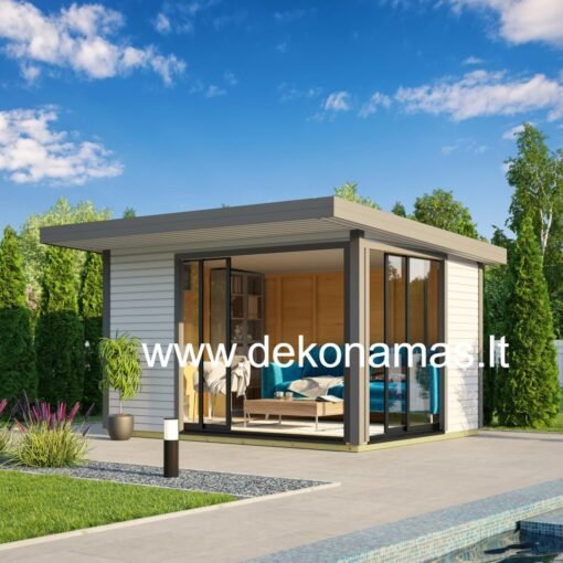 Medinis sodo namelis „Modern“ su dideliais vitrininiais langais, šviesus ir stilingas pasirinkimas poilsiui ar sodininkystei.