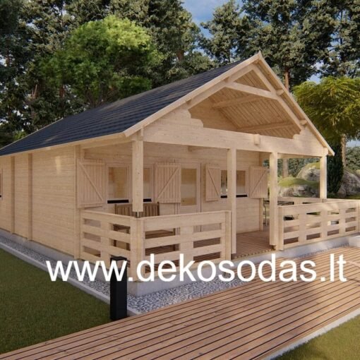 Medinis sodo namas su 5 kambariais, dvišlaičiu stogu, terasa ir 44 mm storio sienomis, su stiklintomis ir medinėmis durimis bei dvigubais stiklo paketais.