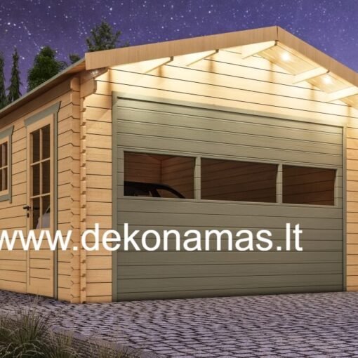 Tvirtas medinis garažas 5400×4000 iš 44 mm eglės medienos, pritaikytas vienam automobiliui, su langais ir durimis.