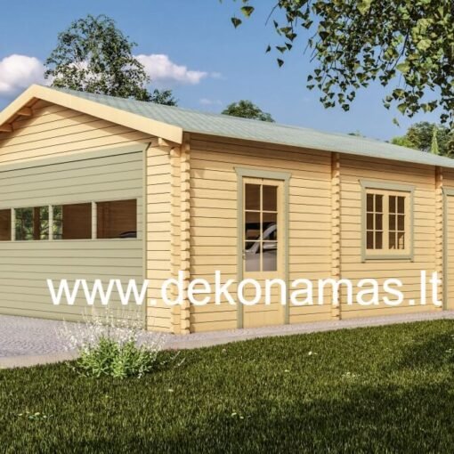 Medinis garažas su sandėliuku, 58 mm storio sienos, išoriniai matmenys 6x7,76 m, skirtas dviem automobiliams ir daiktų saugojimui.