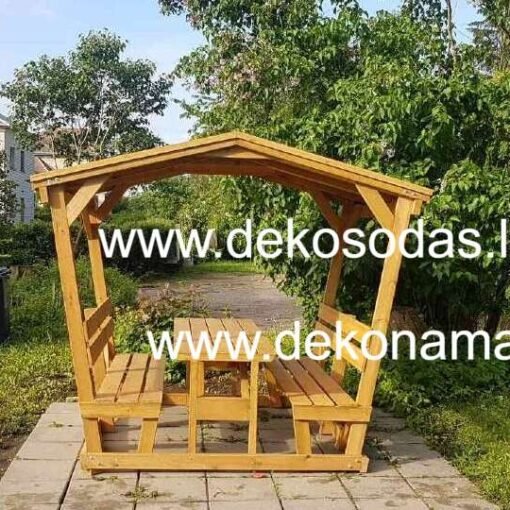 Medinė pavėsinė su stalu ir suoliukais sode, 2x1,8 m, bituminis stogas