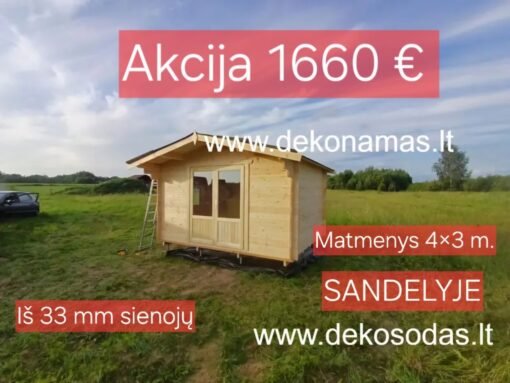 Medinis sandėliukas su dvivėrėm durim "Delis* 4x3 m. 33 mm. Akcija! Turime sandelyje!