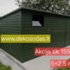 Skardinis sandėliukas 5x2,5 m, žalia spalva, su langais ir nuolydžiu į galą