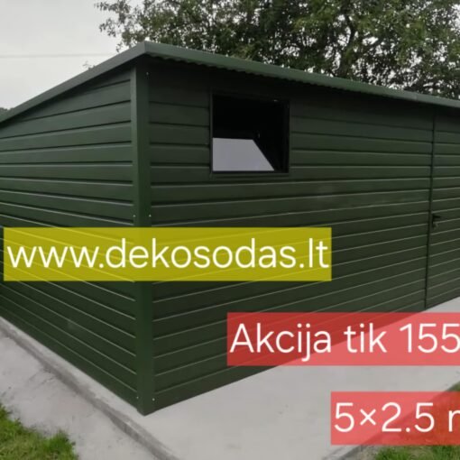 Skardinis sandėliukas 5x2,5 m, žalia spalva, su langais ir nuolydžiu į galą