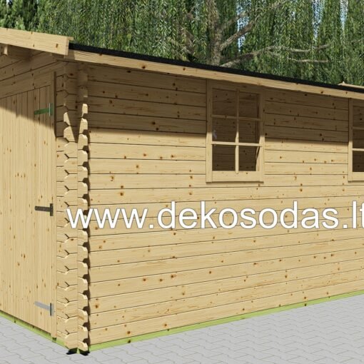 Medinis garažas Denis, 330x510 cm, medinis garažas automobiliui, garažas su langais, garažas su dvivėrėmis durimis