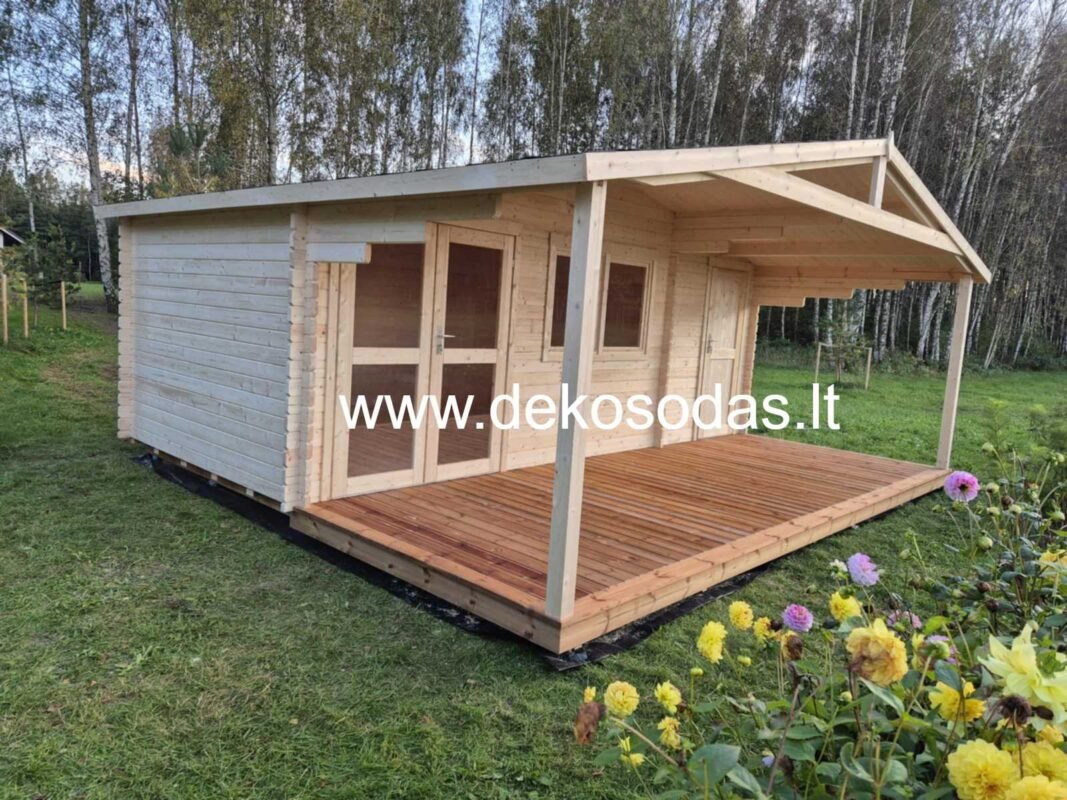 Medinis sodo namelis 6x3 m. plius 2 metrai pastoge