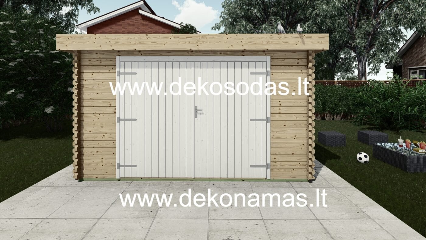 Vienšlaitis medinis garažas iš sienojų 390x580 cm su durimis ir langais, pastatytas be leidimo sodyboje