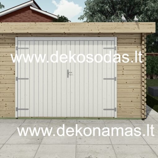 Vienšlaitis medinis garažas iš sienojų 390x580 cm su durimis ir langais, pastatytas be leidimo sodyboje
