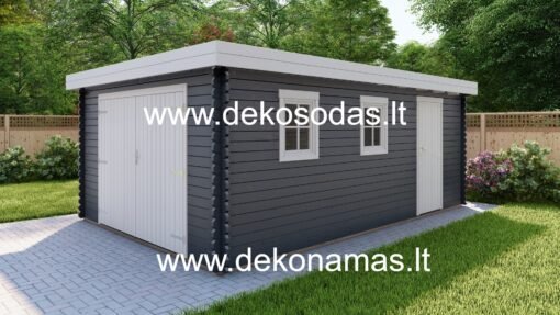 Vienšlaitis medinis garažas iš sienojų 390x580 cm su durimis ir langais, pastatytas be leidimo sodyboje