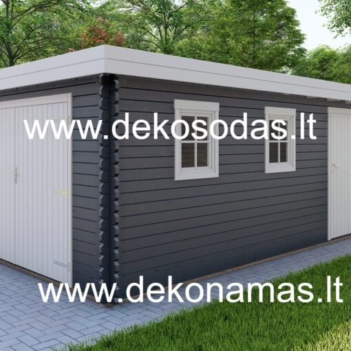 Vienšlaitis medinis garažas iš sienojų 390x580 cm su durimis ir langais, pastatytas be leidimo sodyboje