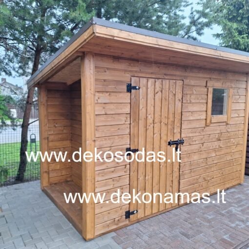 Medinis karkasinis sandėliukas 2×3,5 m iš 2 cm storio lentų, tinkamas sodo įrankiams ir malkoms