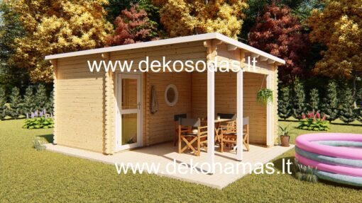 Aurora Spa – 45 mm medinė pirtis su šoniniu stogu ir apvaliu langu, 510 x 360 cm