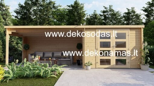 Medinis sodo namelis „Linea Veranda XL“ – 298 × 240 + 400 cm, 28 mm