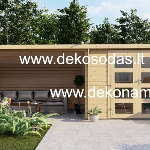 Medinis sodo namelis „Linea Veranda XL“ – 298 × 240 + 400 cm, 28 mm