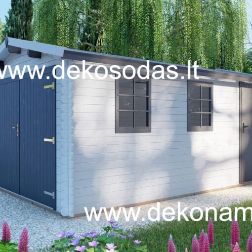 Medinis garažas „Drevis“ 28 mm, 330x510 cm, be grindų, su dvivėrėmis durimis ir langu