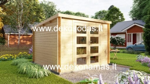 Medinis sodo sandėliukas Kubo 28 Compact, 28 mm sienos, vienslaitis stogas, dvigubos durys, tikro stiklo langai, grindys ir surinkimas pagal užsakymą