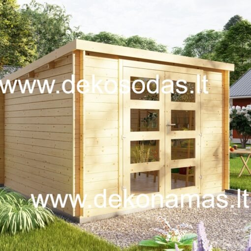 Medinis sodo sandėliukas Kubo 28 Compact, 28 mm sienos, vienslaitis stogas, dvigubos durys, tikro stiklo langai, grindys ir surinkimas pagal užsakymą