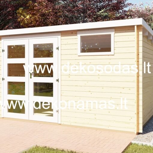 Medinis sodo sandėliukas Kubo 28 Compact 390 × 240 cm, 28 mm sienos, vienslaitis stogas, dvigubos durys, tikro stiklo langai, galimos grindys ir surinkimo paslaugos