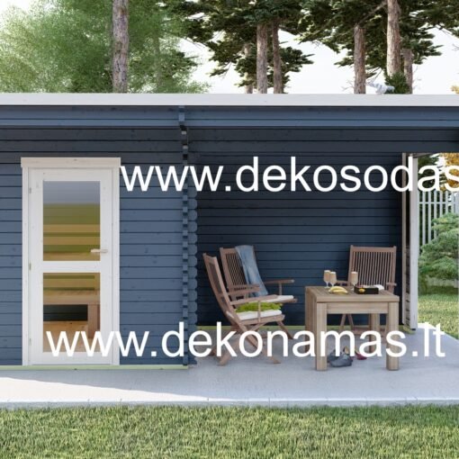 Nordic Haven – 45 mm medinė pirtis su šonine terasa, 510 x 360 cm