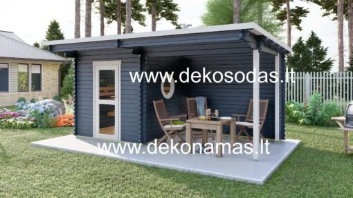 Nordic Haven – 45 mm medinė pirtis su šonine terasa, 510 x 360 cm