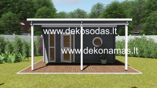 Medinė pirtis Tera Hot su terasa, apvaliu langu ir 45 mm sienomis, 480 x 240 + 480 x 260 cm Klausti „ChatGPT“