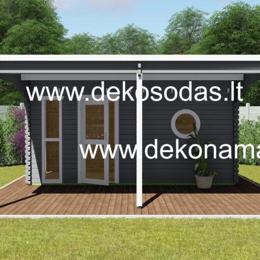 Medinė pirtis Tera Hot su terasa, apvaliu langu ir 45 mm sienomis, 480 x 240 + 480 x 260 cm Klausti „ChatGPT“