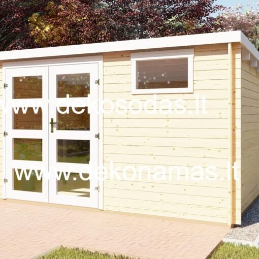 Medinis sodo namelis „Urban Flat“ 28 mm su stiklo durimis, vienslaičiu stogu ir moderniu dizainu. Greitas pristatymas Lietuvoje. Sužinok daugiau – Dekosodas.lt.