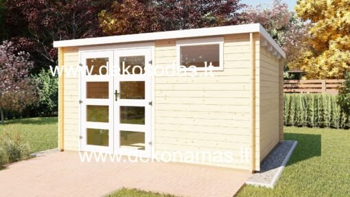 Urban Quatro – medinis sodo namelis 390x240 cm, plokščias stogas, tikro stiklo langai, 28 mm sienojų konstrukcija, modernus dizainas