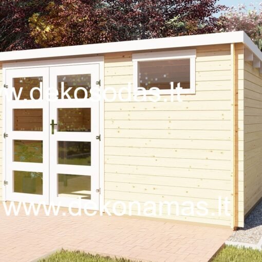 Urban Quatro – medinis sodo namelis 390x240 cm, plokščias stogas, tikro stiklo langai, 28 mm sienojų konstrukcija, modernus dizainas