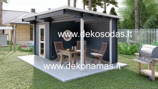Nordic Relax – 45 mm medinė pirtis su šonine terasa ir apvaliu langu, 510 x 240 cm