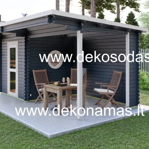 Nordic Relax – 45 mm medinė pirtis su šonine terasa ir apvaliu langu, 510 x 240 cm