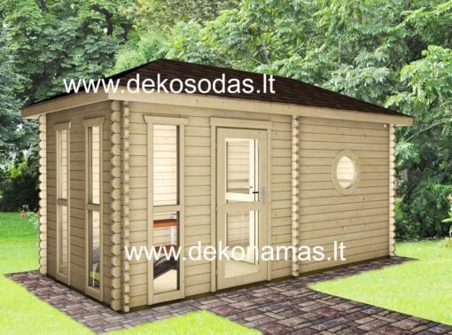 Medinė pirtis Marina 480x240 cm, 45 mm sienų storio, su prieškambariu, stiklinėmis durimis ir plačiais suolais