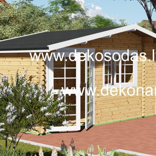 Medinis sodo namelis su sandėliuku Minero Plus 600×300 cm, 40 mm sienų storio, su dvigubomis durimis ir šoniniu sandėliuku