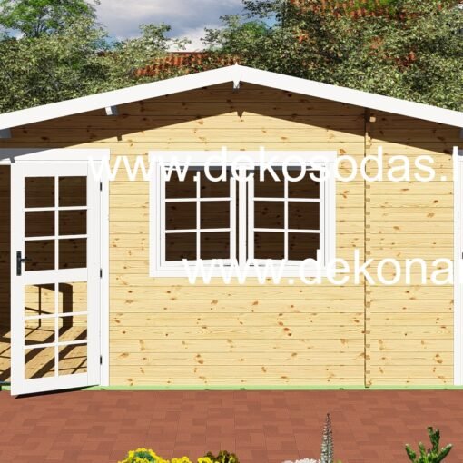 Medinis sodo namelis su sandėliuku Minero Plus 600×300 cm, 40 mm sienų storio, su dvigubomis durimis ir šoniniu sandėliuku