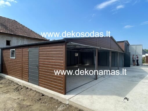 Riešuto medžio imitacijos skardos garažas 12×8 m su keturiais pakeliamais vartais ir langais