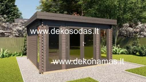 Medinis sodo namelis Moderat 390x390 cm su vitrininiais langais, dvigubomis durimis ir plokščiu stogu, pastatytas sode