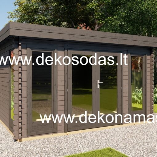 Medinis sodo namelis Moderat 390x390 cm su vitrininiais langais, dvigubomis durimis ir plokščiu stogu, pastatytas sode
