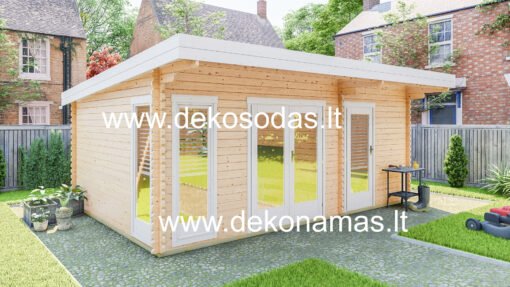 Medinis sodo namelis Vitra 580x390 cm, su vitrininiais langais, dvigubomis ir vienvėrėmis durimis, modernus dizainas