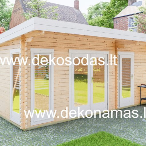 Medinis sodo namelis Vitra 580x390 cm, su vitrininiais langais, dvigubomis ir vienvėrėmis durimis, modernus dizainas